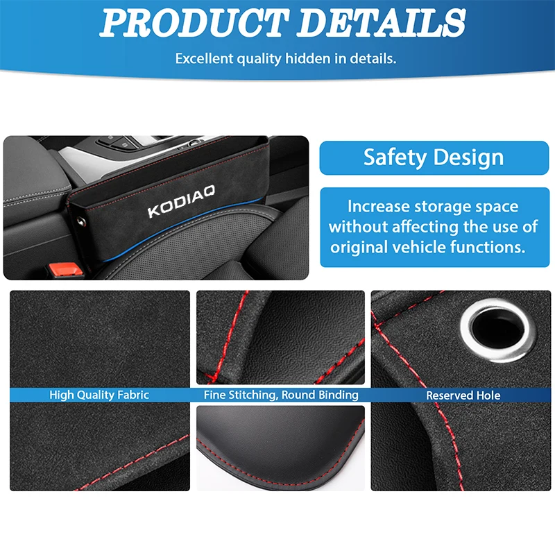 Suede Seat Side Storage Pocket for Skoda Kodiaq Seat Crevice Storage Box PU Leather Car Front Seat Gap Organizer Box Auto Parts