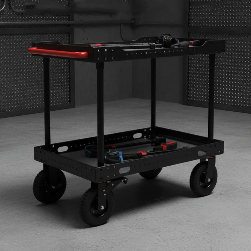 Two Tier Utility Service Cart Heavy Duty Metal Tool Trolley All Terrain Wheels Workshop Storage Transport Cart With Handle