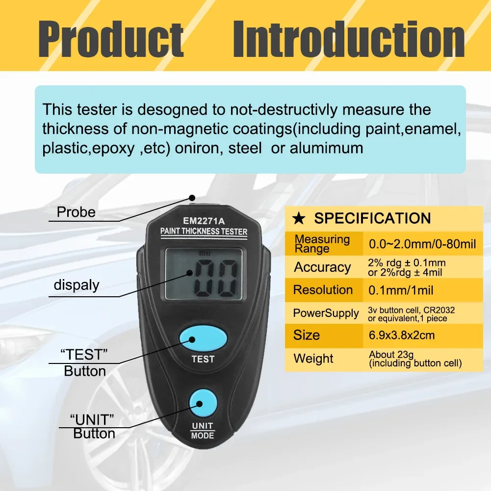 EM2271A Digital Mini Thickness Gauge Car Paint Film Tester Coating Meter Electric Manual Tool Ultra-precise Fe/NFe 0.1-2mm