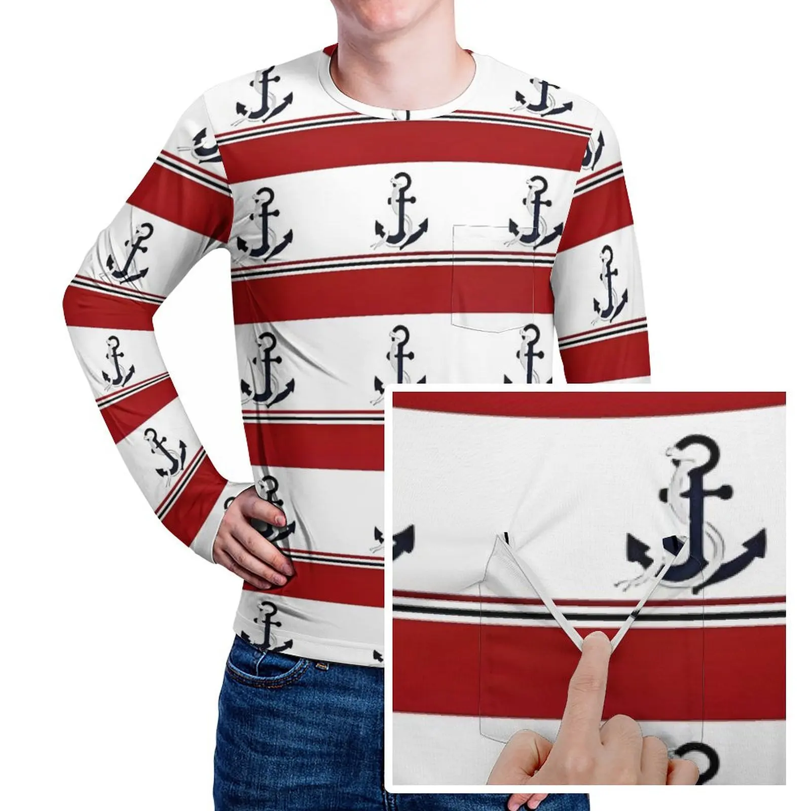 Nautical Anchor T-Shirt Red Blue and White Stripes Men Hippie T Shirts Spring Graphic Tee Shirt Basic Oversized Birthday Present