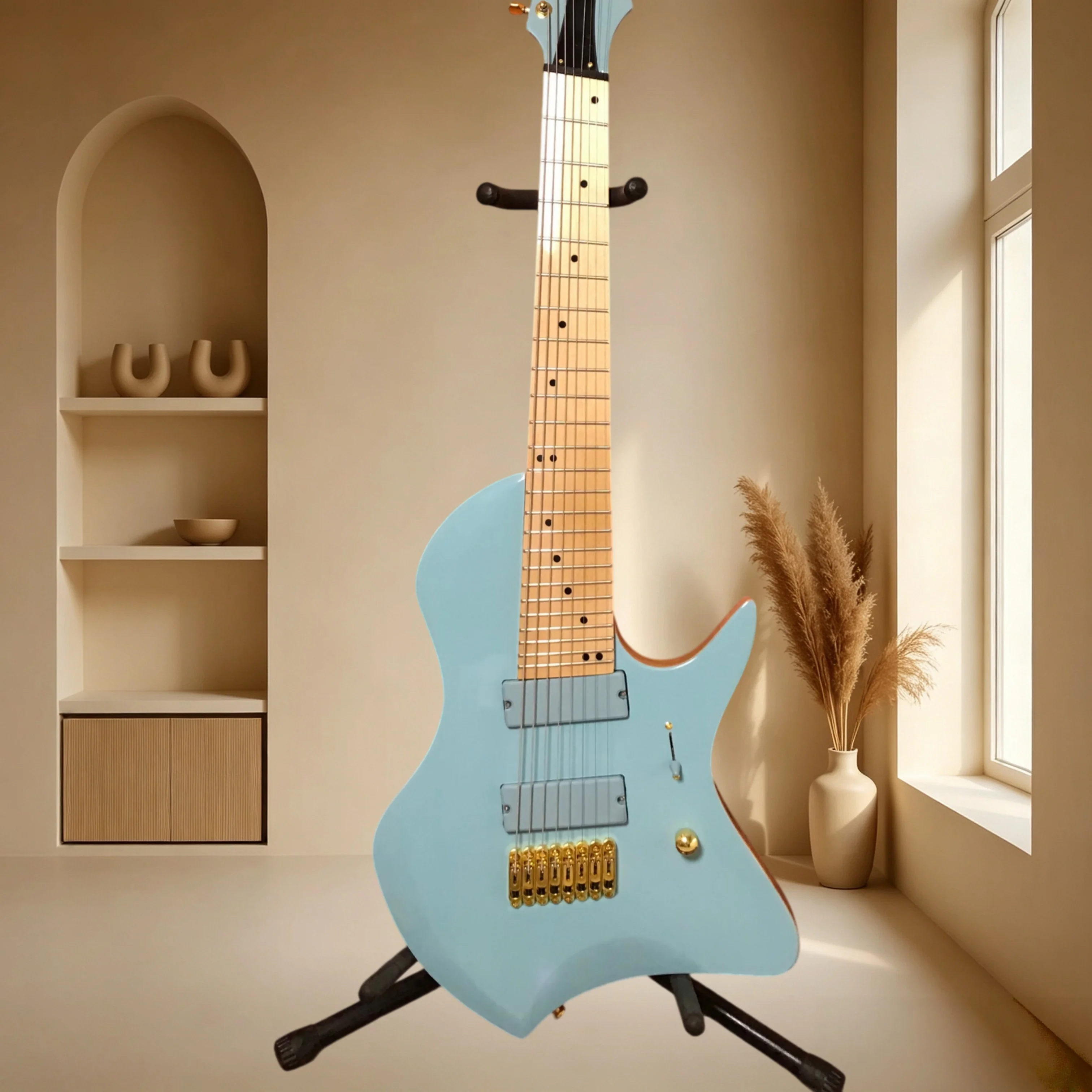 8-string IBZ Light Blue Unique Shape Electric Guitar One Piece Maple Neck Dual Humbuckers Progressive Metal Djent Performance