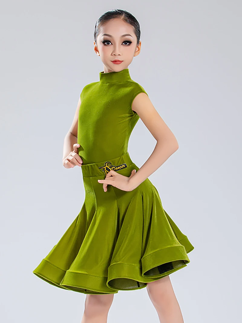 Verde bambini ragazze velluto avvolto spalla manica body lisca di pesce gonna grande abbigliamento da ballo latino abiti da competizione di ballo da sala