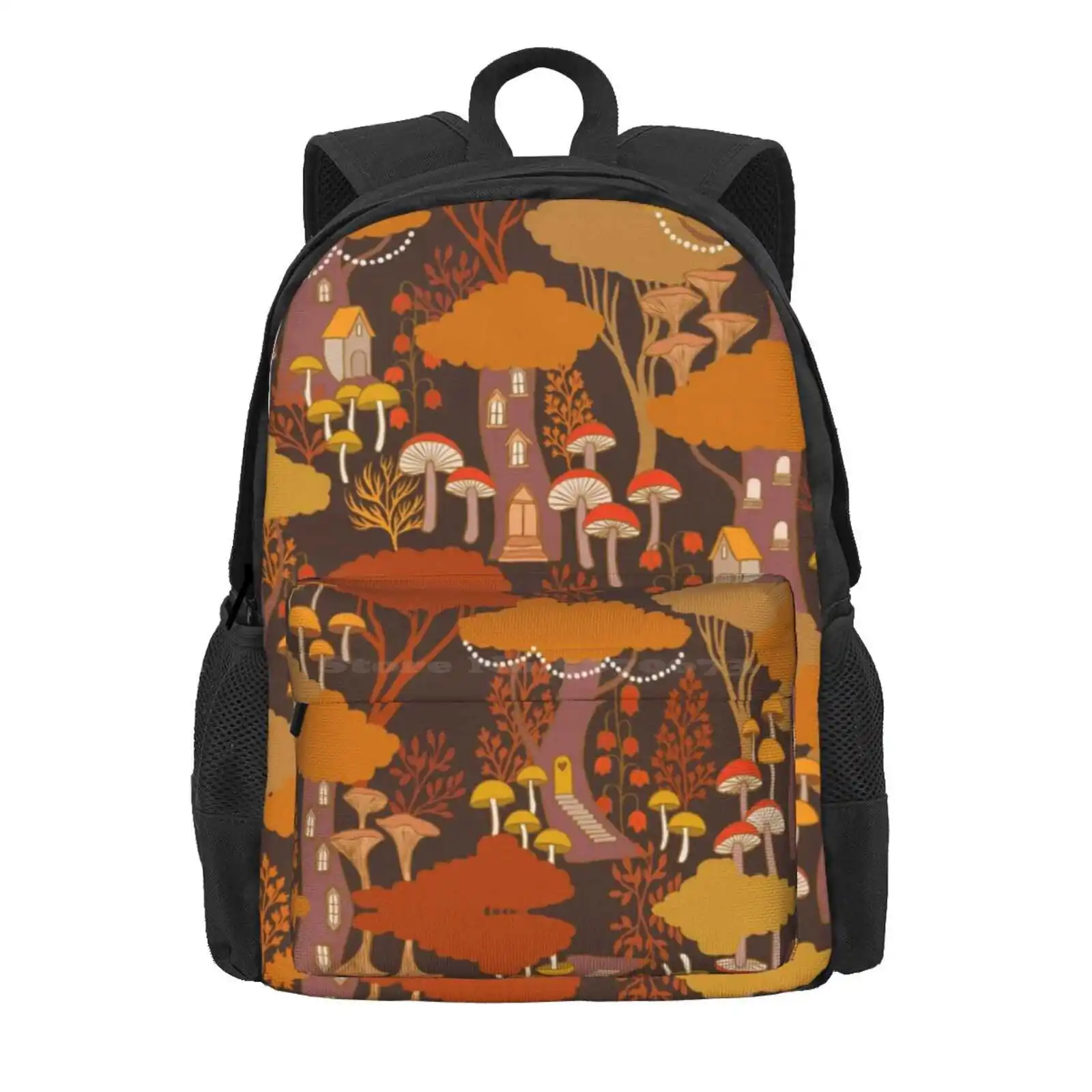 Forest Homes Autumn Tree Houses Mushrooms Fairies Gnomes Hot Sale Schoolbag Backpack Fashion Bags Mushrooms Trees Treehouses