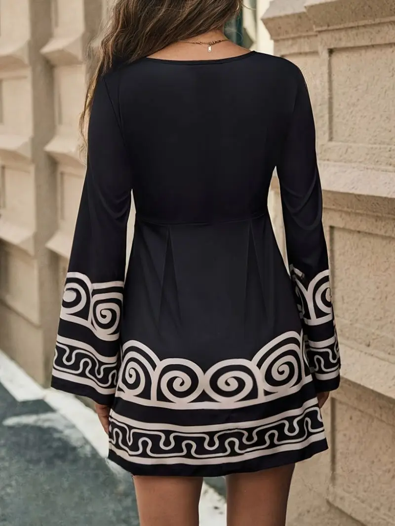 Damen-Kleid mit Rundhalsausschnitt, Trompetenärmeln, Taillenbetonung und A-Linien-Schnitt, Kurzer Rock für den Täglichen Arbeitsweg, Kaschiert die Körperform und unterstreicht den Körperbau – Detail 2