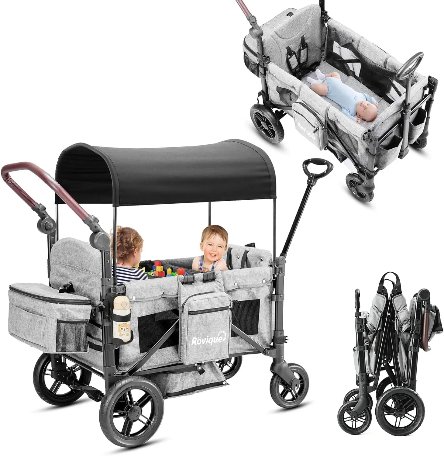 Wagon Stroller for 2 Kids,Premium Wagon for Kids with Removable Canopy, Snack Tray, Convertible Baby Bassinet, 5-Point Safety Ha