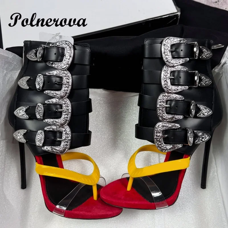 Sexy Flip Toe Metal Buckle Sandals Mid Calf Sandal Boots Stiletto Heels Zipper Women Shoe Summer Sandalias De Mujer Verano