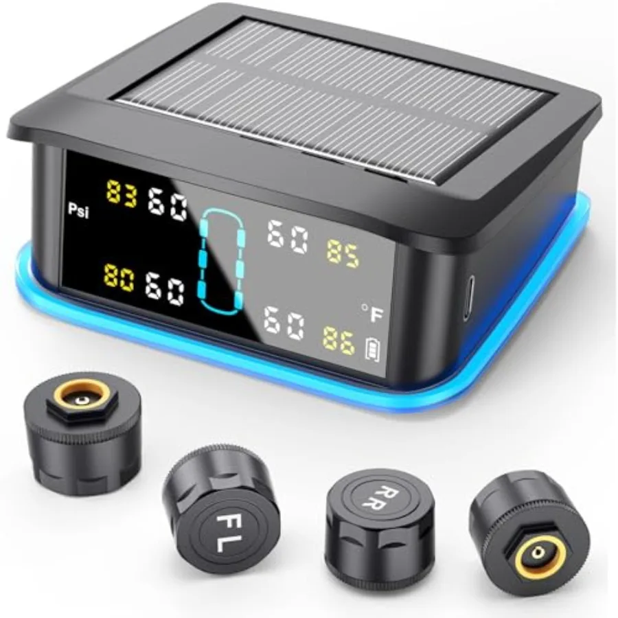 

Tire Pressure Monitoring System Real-time Solar Wireless TPMS with 4 Tire Pressure Sensor Digital LCD Display Auto Security Ala