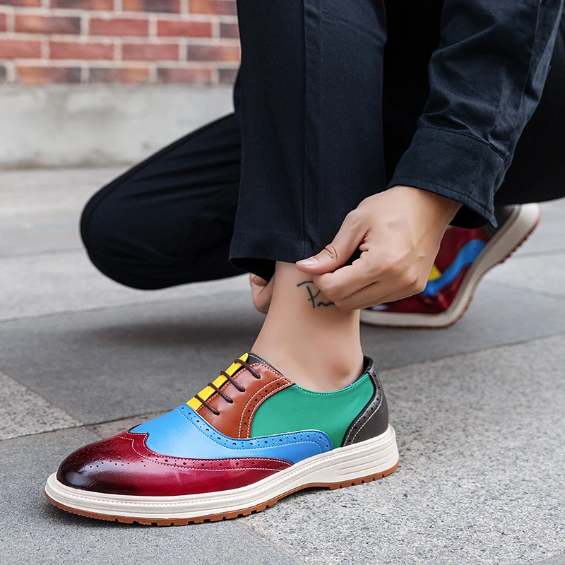 

Man Sneaker PU Leather Casual Dress Shoes Color Mixing Stitching Wingtip Brock Oxfords Elegant Fashionable Men's Footwear