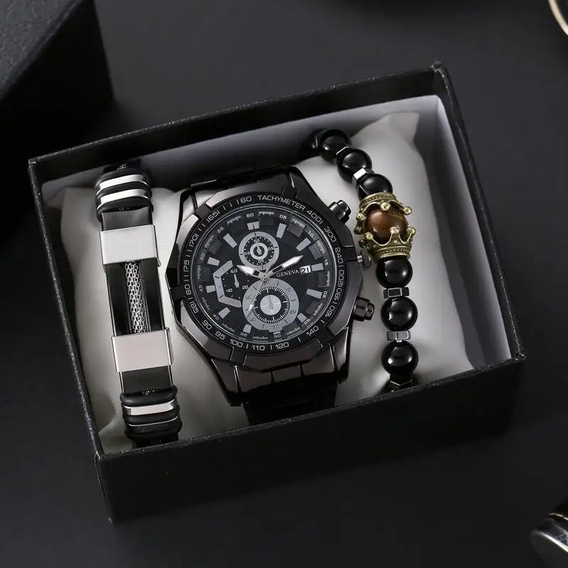 Hot men's supercar racing watch men's waterproof watch with calendar steel band sports bracelet set quartz watch