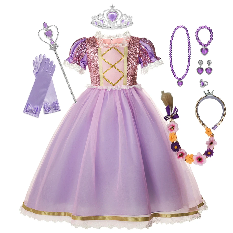 Rapunzel Dress for Girls Dress Up Fantasy Children Birthday Party Princess Costume Kids Halloween Purple Sequins Mesh Clothes