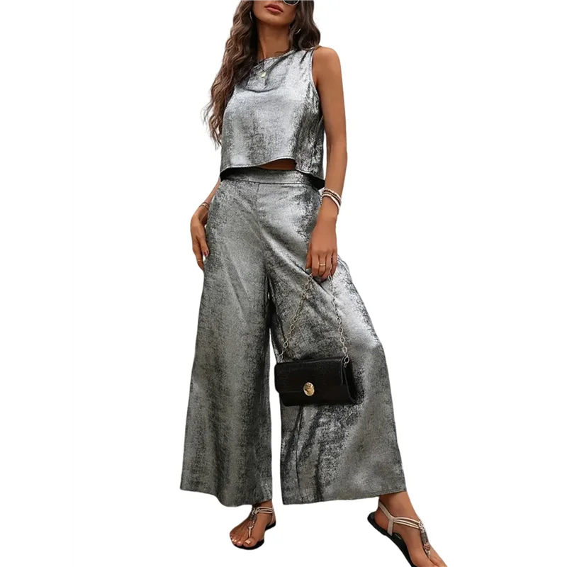 

ABP-Women's Summer 2 Piece Outfits Set Round Neck Sleeveless Tank Crop Top Wide Leg Pants Set Pockets Jumpsuits