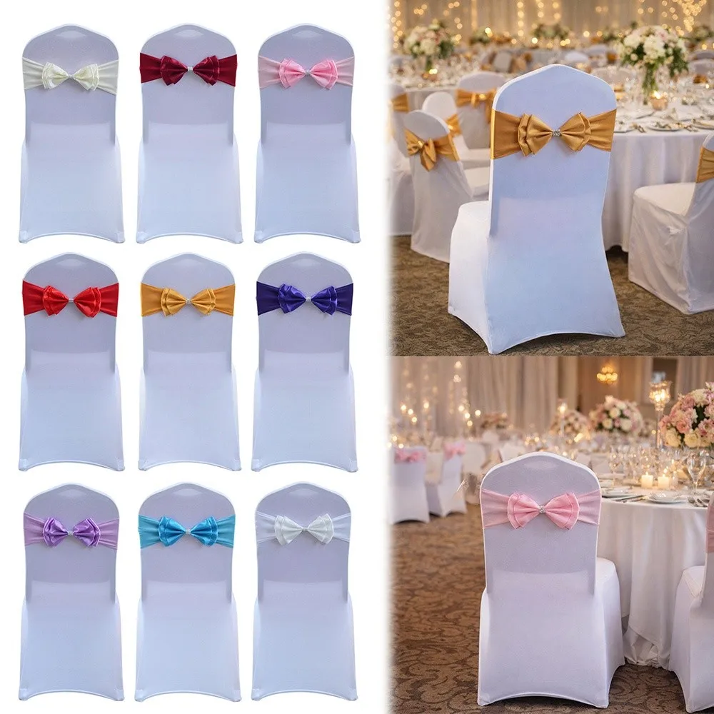 Bows Chair Back Bow Decorative Belt Double Layer Spandex Event Chair Straps with Diamond Ties Fastening Chair Bow Ties