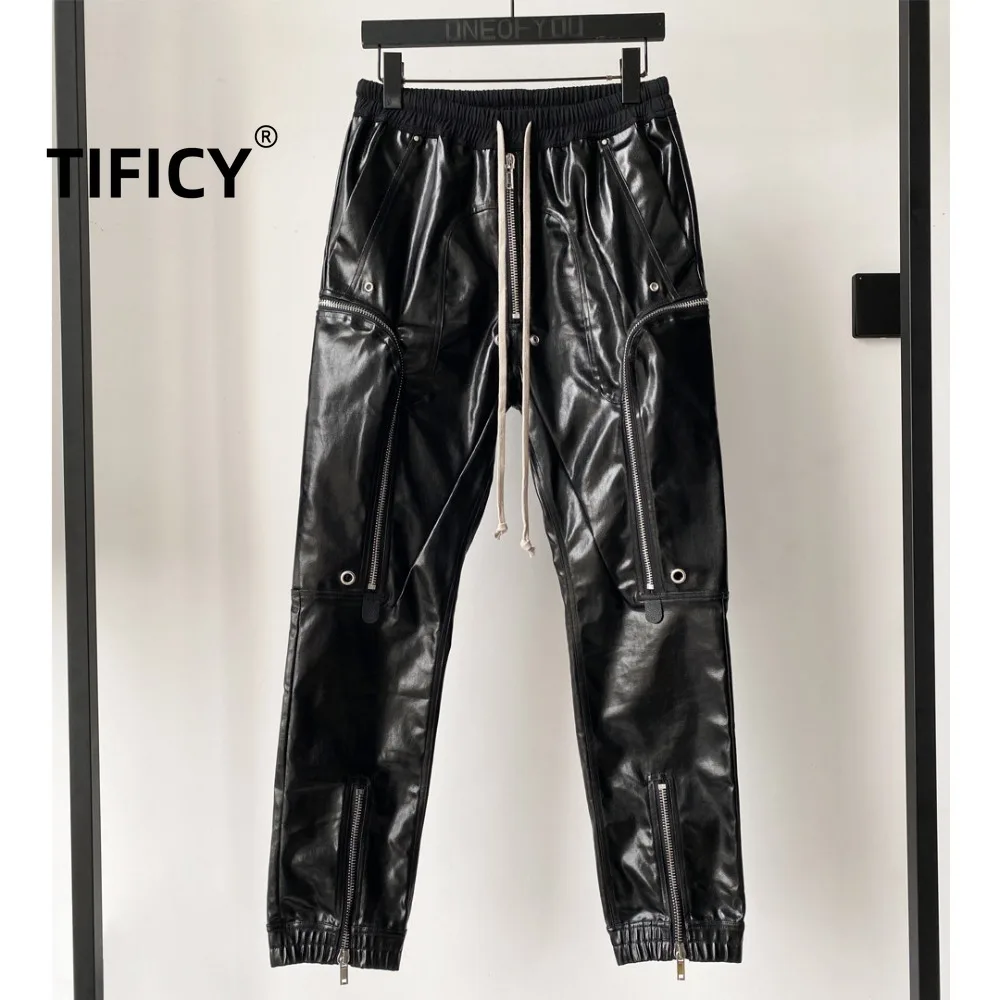 

High Street RO Style Pants Men's Dark Wax Coated Multi Zipper Work Motorcycle Slim Fit Shiny Shell Pants