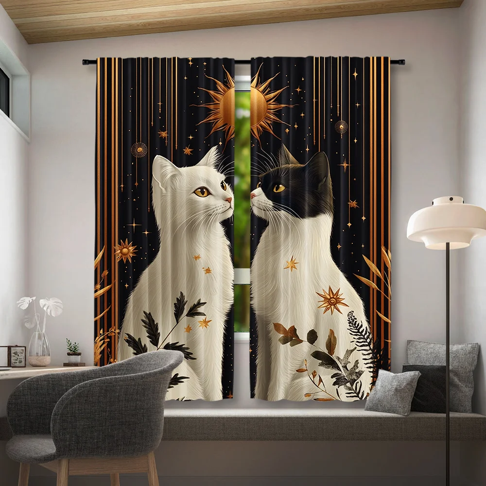 Golden Sun Star White Tuxedo Cat Blackout Rod Pocket Curtain Golden Leaf Line Decor Mystic Homestay Bedroom Rest Bay Window