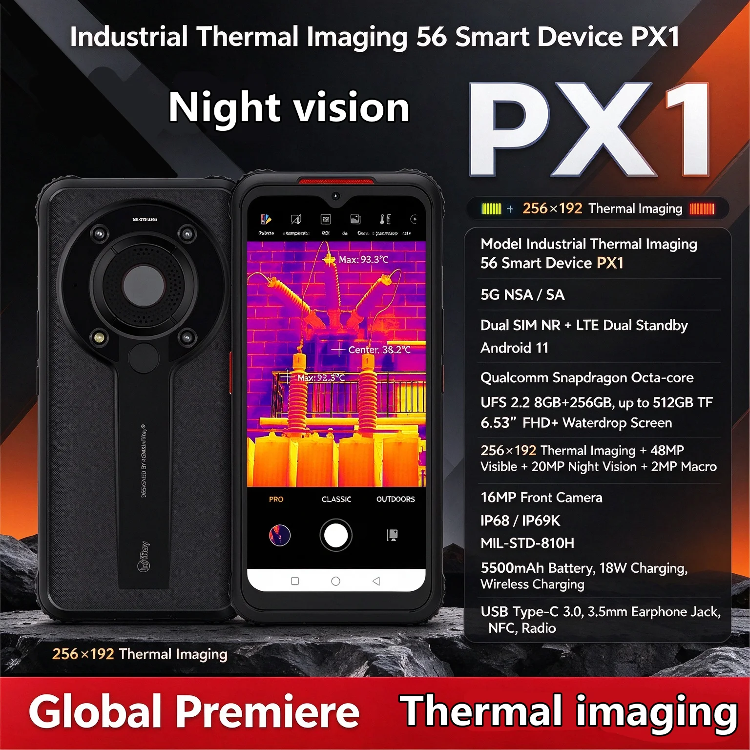 PX1 5G Industrial Thermal Imaging Rugged Smart Device IP68 IP69K MIL-STD-810H 8GB 256GB 48MP SONY IMX582 Night Vision Dual SIM O