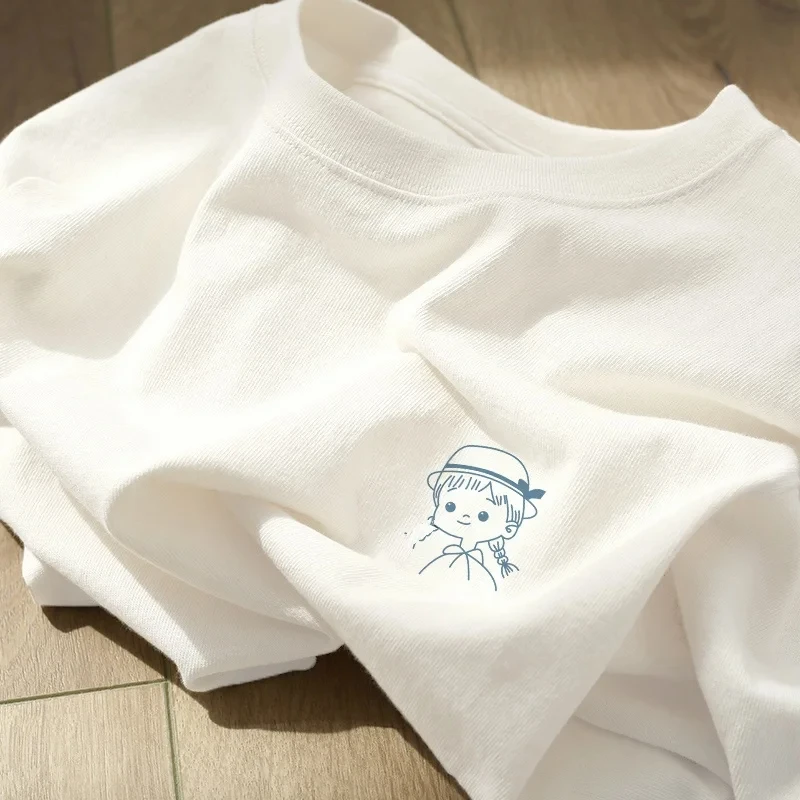 

Women White Short Sleeve Tshirt High Quanlity Cotton Texture Summer American Vintage High-Grade Sense Female Clothes Korean Tee