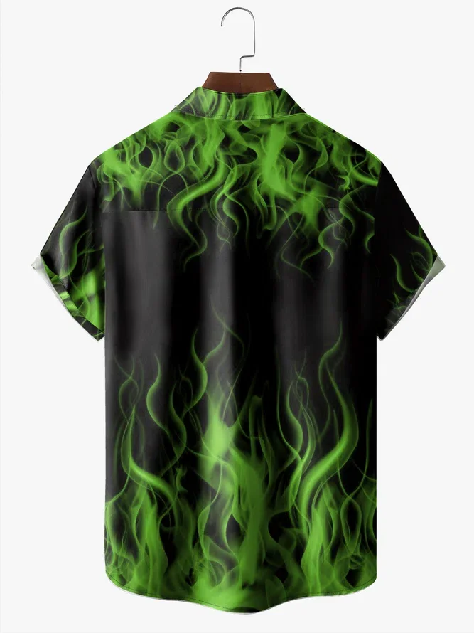 Men's Halloween Fire Print Shirt Green Blue Red Anti-Wrinkle Moisture Wicking Fashion Hawaiian Lapel Short Sleeve Shirts