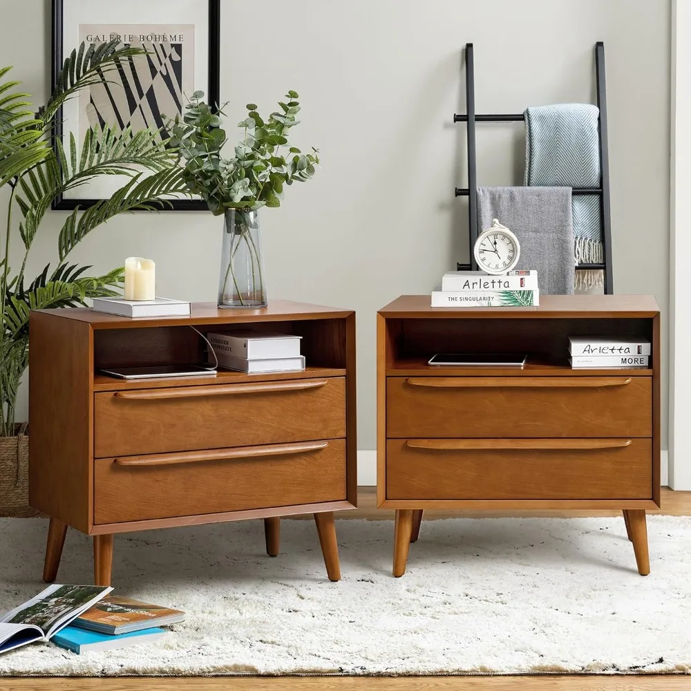 

mid-century modern 2-drawer dresser with charging station and open shelf, pair of nightstands for bedroom, and fluted side table