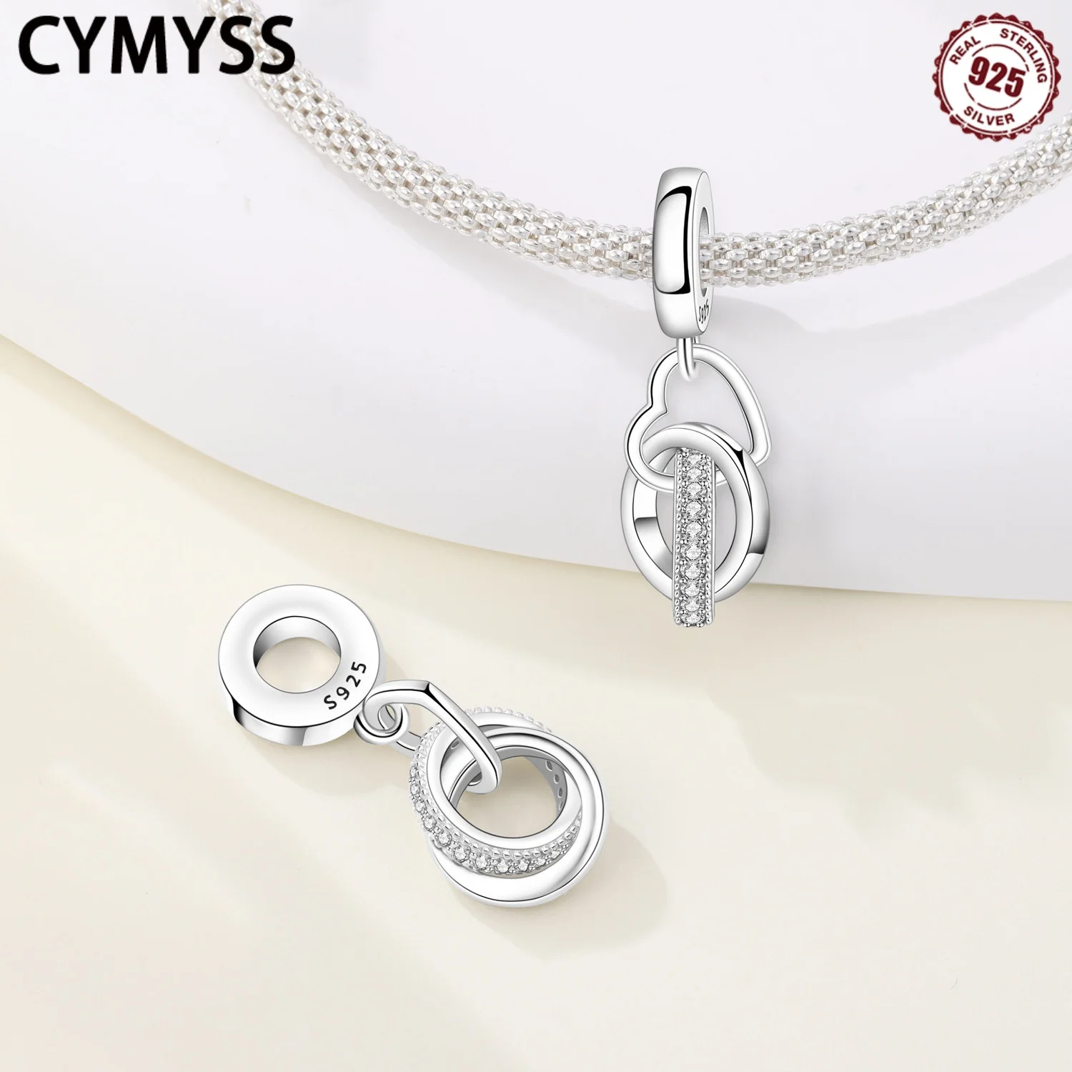 

CYMYSS 925 Sterling Silver Hollow Heart Double Ring Pendant For women, Suitable For DIY bracelets, Party gifts, Charming Jewelry