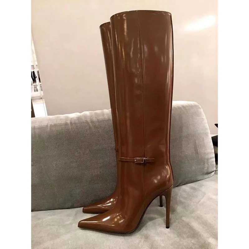 Brown Patent Leather Buckle High Heel Boots Woman Winter 2024 Black Pointed Toe Slip-On Sexy Knee-High Boots Long Fashion Boots