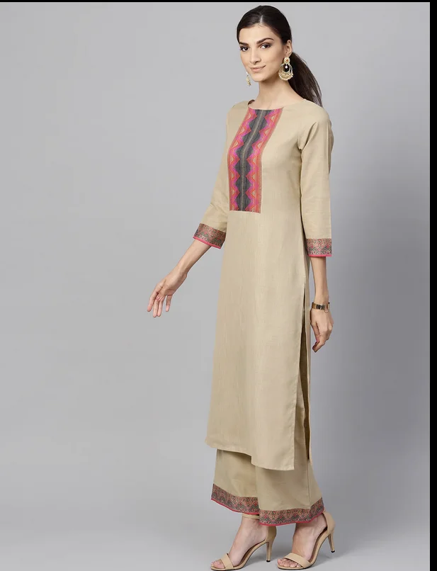 Traditional Indian clothing with a 3-piece side cover, medium length round neck cotton blend set