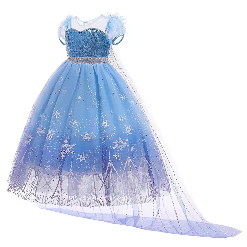 Girls Elsa Cosplay Princess Costume Frozen Role Play Dress Up Fancy Frocks Party Gown Sequin Mesh Vestidos Girls Birthday Dress