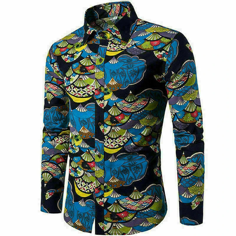 Long Sleeve Hawaiian Shirts Men Fashion Shirt Floral Blouses Cuba Beach Blouse Men\'s Clothing Turn Over Collar Camisas Hombre