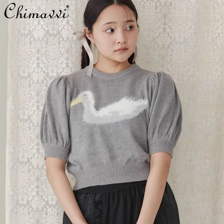 Japanese Cute 3D Furry Duckling Crew Neck Short-sleeved Knitted Sweater Spring and Summer New Fashion Slim Kawaii Short Top