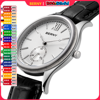 BERNY Men's Watches Luxury Classic Stylish Dress Quartz Watch Ultra-Thin Stainless Steel Case Elegance Leather Strap Wristwatch