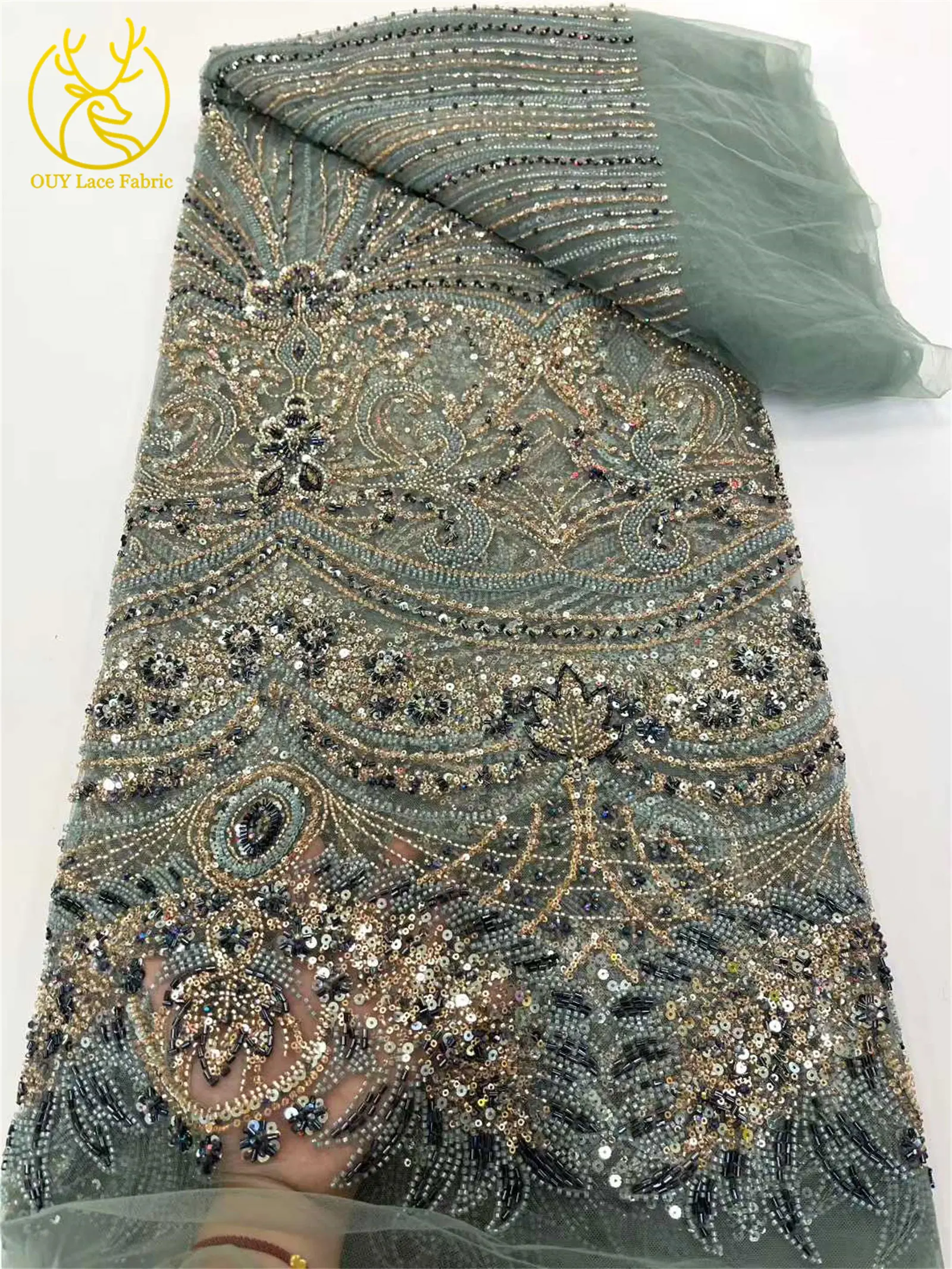 African Heavy Groom Beaded Lace Fabric 2025 High Quality French Nigerian Sequin Lace Fabric for Bridal Party Dress Sewing 5Yards