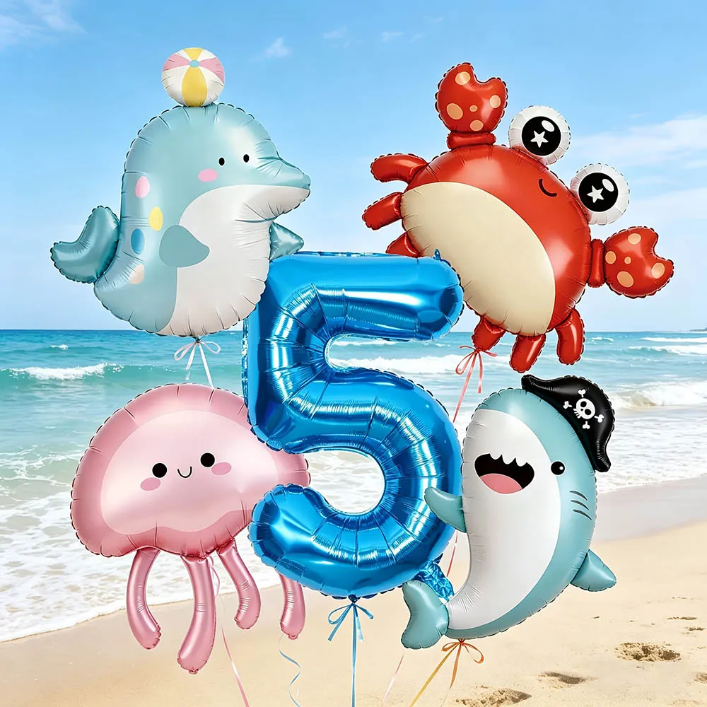 5 Stück Folienballons mit Meeresmotiven: Pirat, Hai, Delfin, Qualle, Krabbe, blaue Zahlenballons, Unterwasser-Geburtstagsparty-Deko, Babyparty-Deko