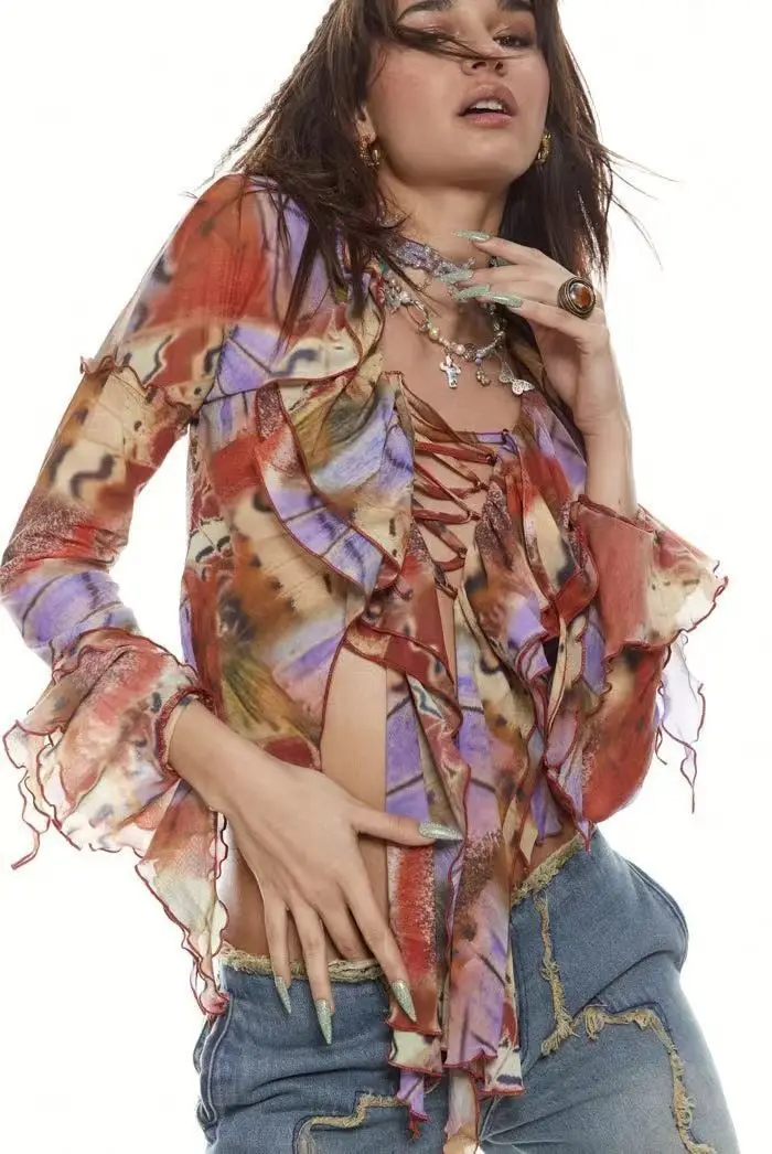 

Jaded London T-Shirt Floral Printed Blouse Irregular Tie Vintage Hollow Out Spice Girls Mesh Long Sleeve Top Women