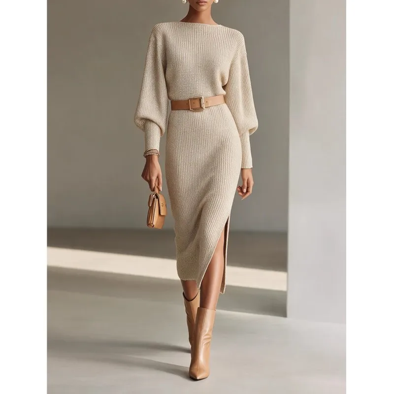 Elegant Solid High Waisted Dress With Belt Women's Autumn Winter Fashion O-neck Lantern Sleeve Dresses Casual Warm Lady Vestidos
