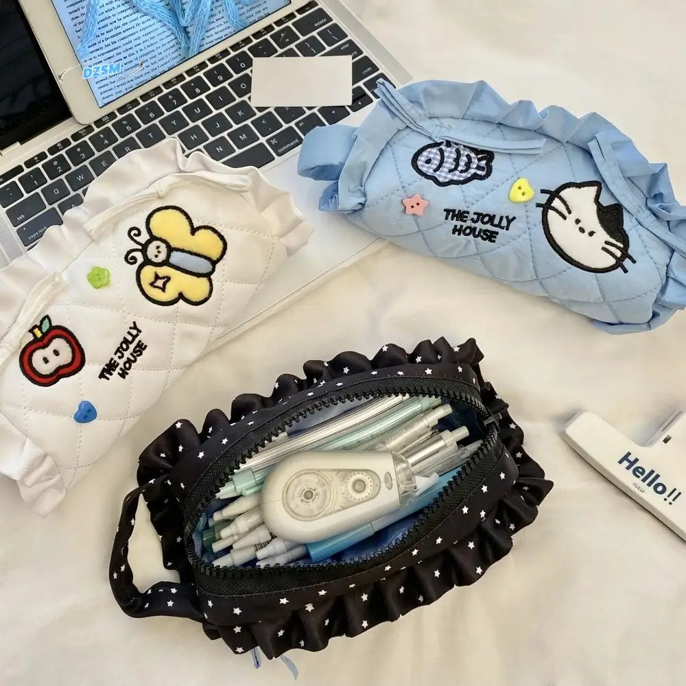 

Large Capacity Cartoon Pencil Case Cosmetics Storage Cloth Ruffled Stationery Storage Bag Handheld Cat Bee Rabbit