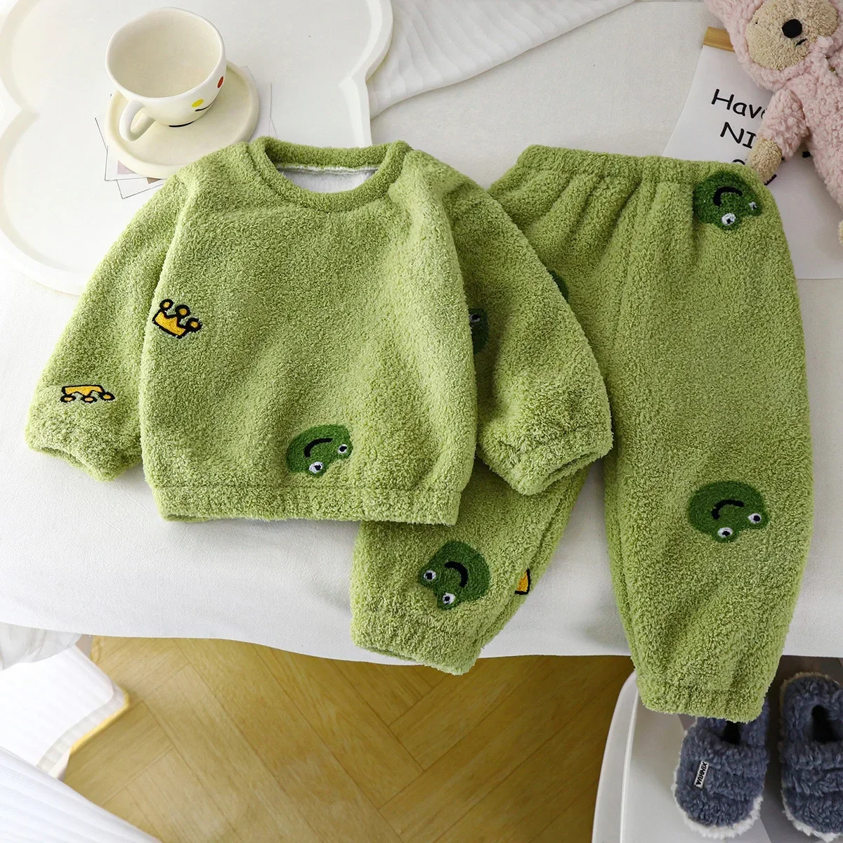 New Kids Autumn Winter Thicken Warm Fleece Pajamas Cute Cartoon O-neck Clothing Sets Baby Boys Girls Sleepwear Toddler Pyjamas