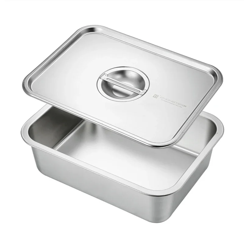 Thicken Stainless Steel Serving Tray with Lid Rectangle Metal Food Storage Plates Dish Cake Buffet Organizer Kitchen Container