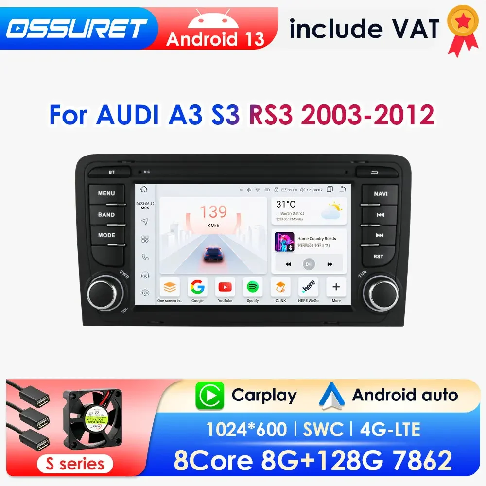 Autoradio Multimediale con AI Voice Android 12 per Audi A3 S3 RS3 2003-2012, GPS Auto, Navi, RDS, Carplay, DSP, USB, 2Din