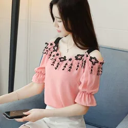 Slash Neck Off Shoulder Applique Casual Blouse Summer 2023 New Princess Sleeve Solid Color Slim Chiffon Shirt Women's Female