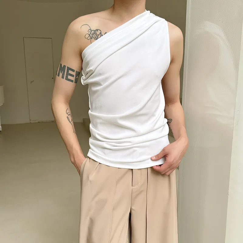 

Men's Slim Fit Asymmetric oulder Vest Top Summer Knitted Single oulder Strap Sexy Tank Top Casual Youth Trend Polyester