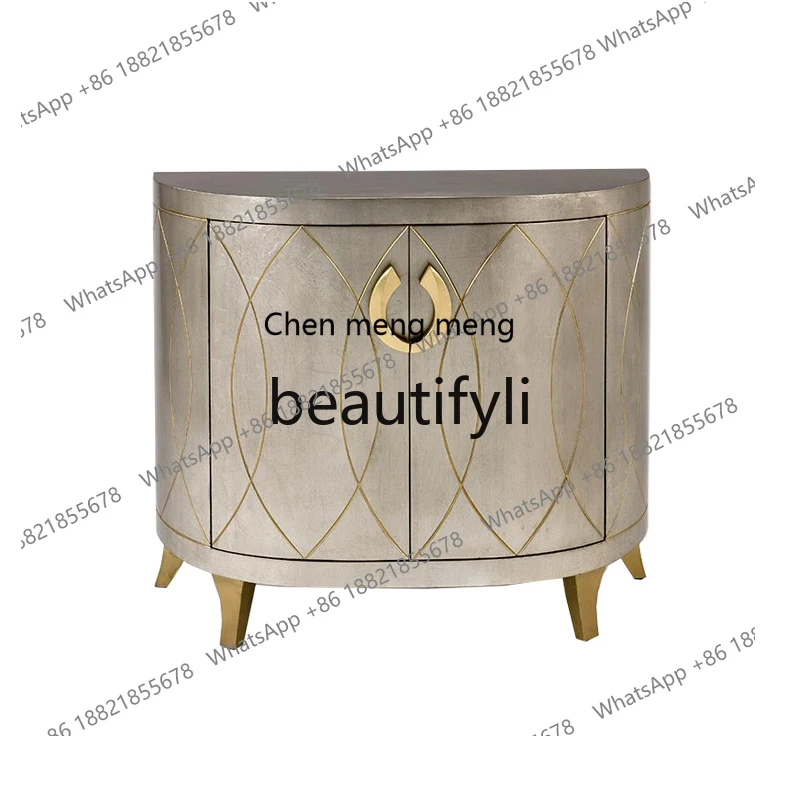 

American light luxury solid wood porch cabinet silver foil gold-painted dining side cabinet semi-circular decorative cabinetH