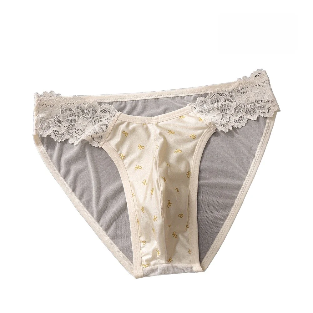 1pc Men Lace Ice Silk Briefs Mesh 3D Bulge Pouch See Through Sissy Underwear Breathable Comfortable Low-Waist Panties