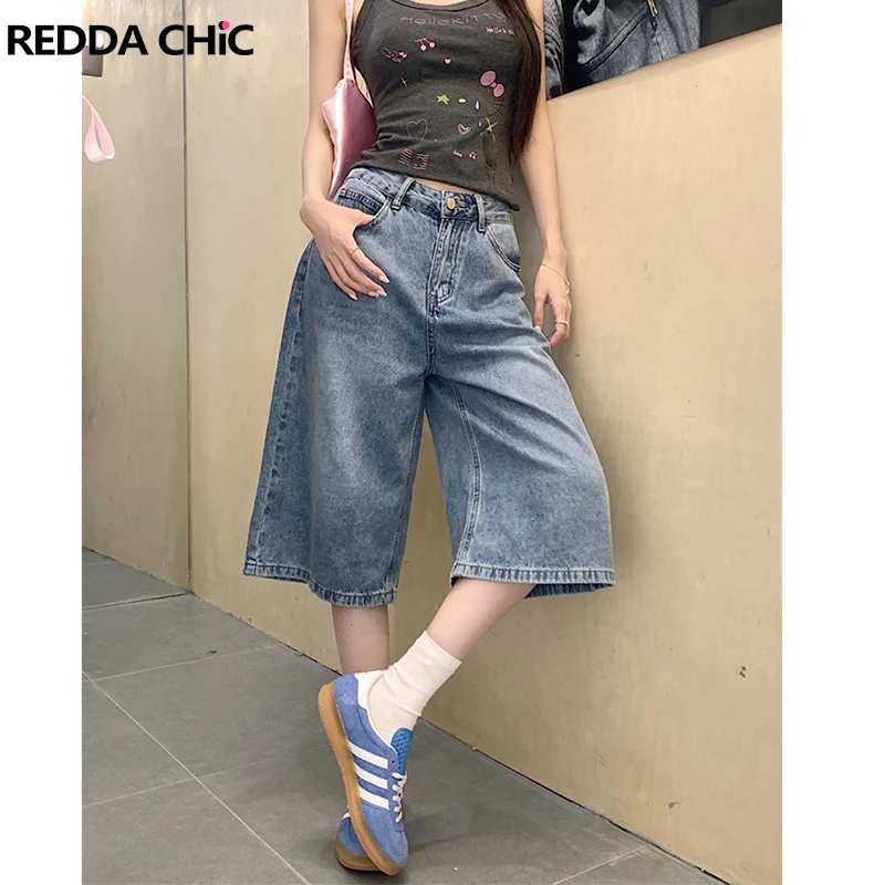

ReddaChic Ретро потертые джинсовые капри для высоких женщин Высокая талия Свободные укороченные джинсы Шикарные свободные летние брюки унисекс Botto