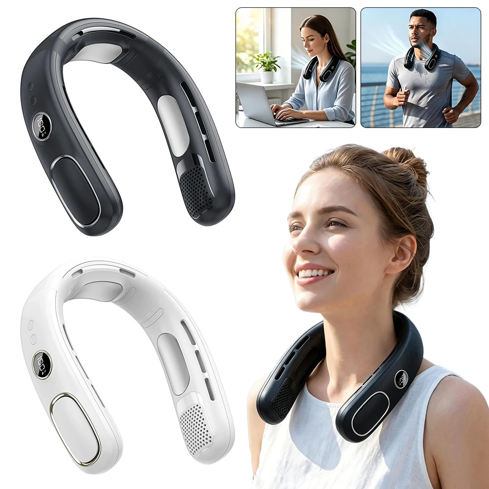 USB Hanging Neck Fan Portable Bladeless Neck Fan Air Cooler LED Digital Display Rechargeable Air Conditioner Neck Ventilator