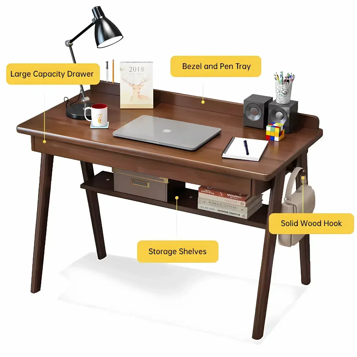 LYHOE Wood Writing Desk, Home Office Computer Desk, Study Desk with Drawers and Storage Shelf, PC Table Workstation for Bedroom