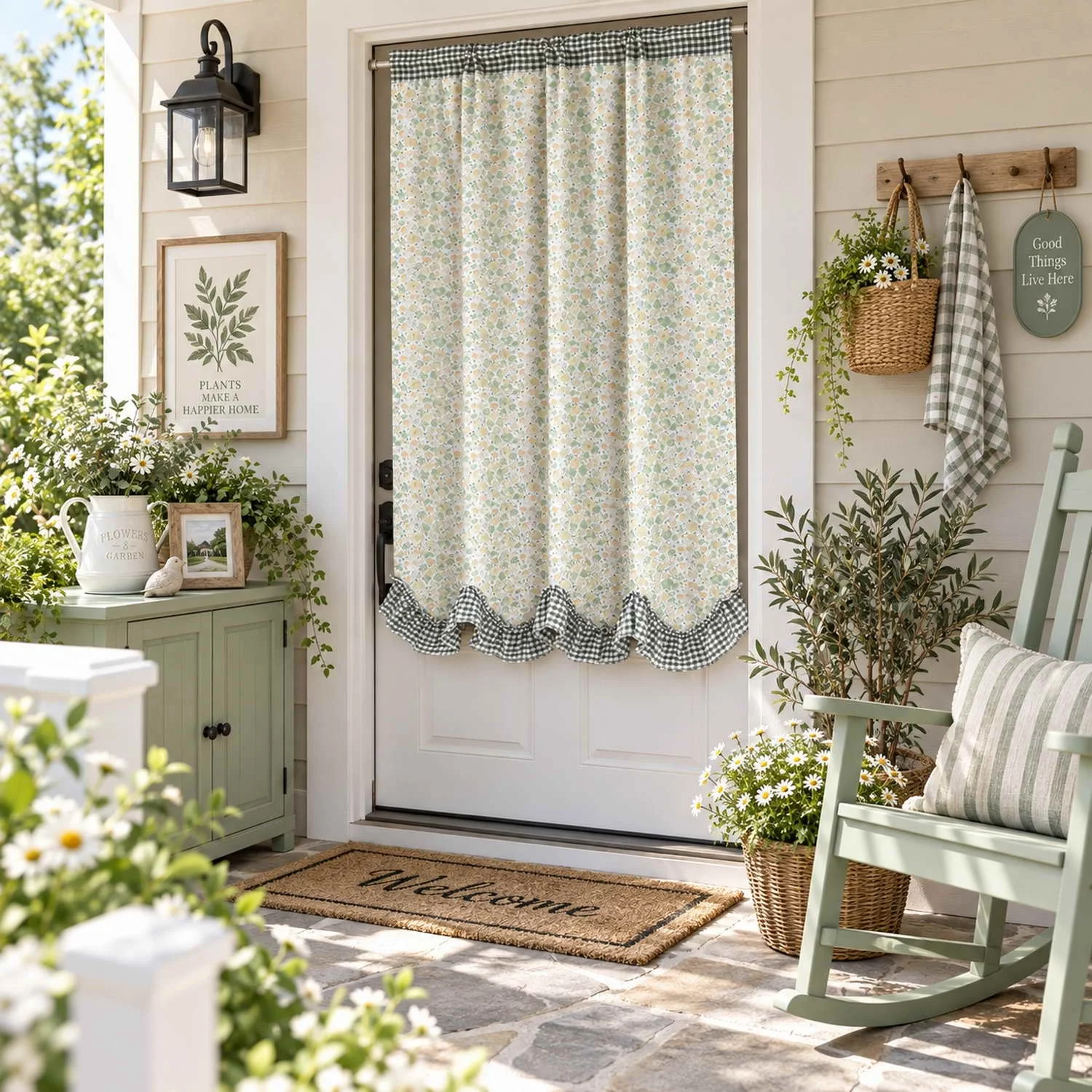 Rustic Floral Green Gingham Check Wave Ruffled Door Curtain Farmhouse Kitchen Light Filtering Privacy Curtain for Pantry Entrywa