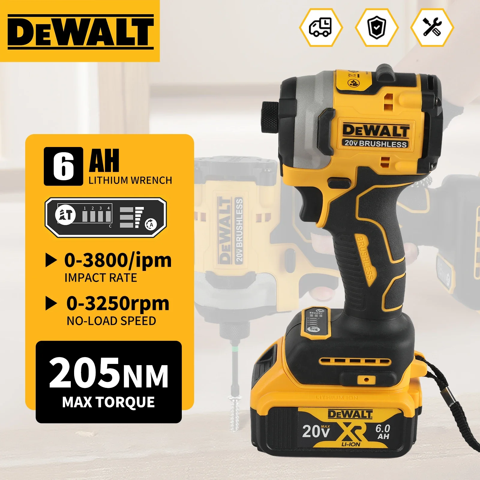 

DEWALT 20V Cordless Impact Wrench 6.0Ah Lithium Battery 205Nm 0-3800Ipm Soft Handle Hex Clamp for Construction Drilling
