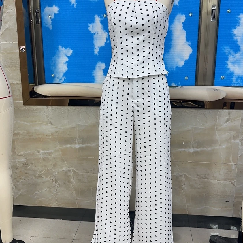 Women's High Street Sleeveless Pant Set Strapless Dots Print Tube Top And Wide Leg Pants Two Piece Outfit Loungewear