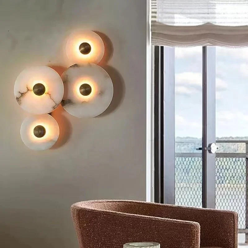 

Natural Marble Gold Coin Shaped Wall Lamp Used for Stairs Attic Bedroom Study Indoor Lighting Fixtures Gloss Designer