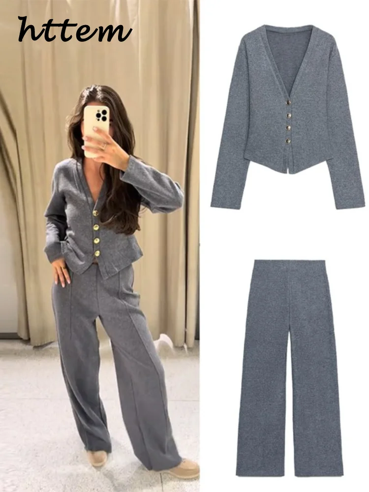 Casual calças de malha define feminino solto sólido com decote em v manga cheia único breasted topos em linha reta perna larga calça 2025 outono senhora terno