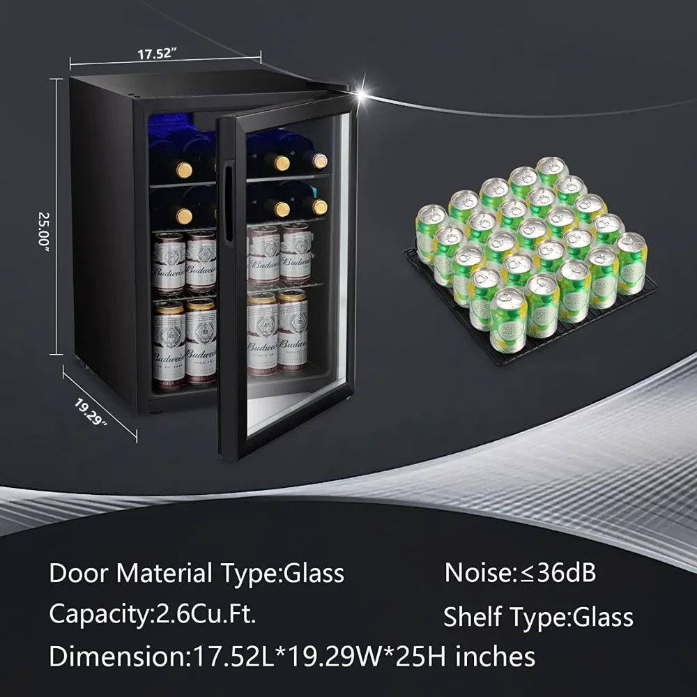 Chłodziarka do wina/szafka na wino 2.6 cu.ft, mała mini lodówka do wina, lodówka na piwo i sodę z przezroczystymi szklanymi drzwiami.